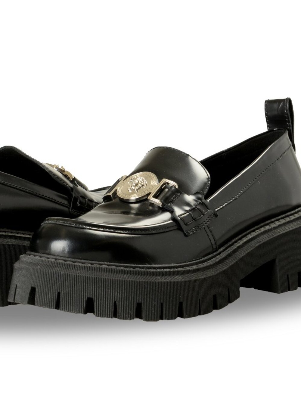 Versace Women's Black 100% Leather Silver Medusa Head Loafers Shoes US 11 IT 41